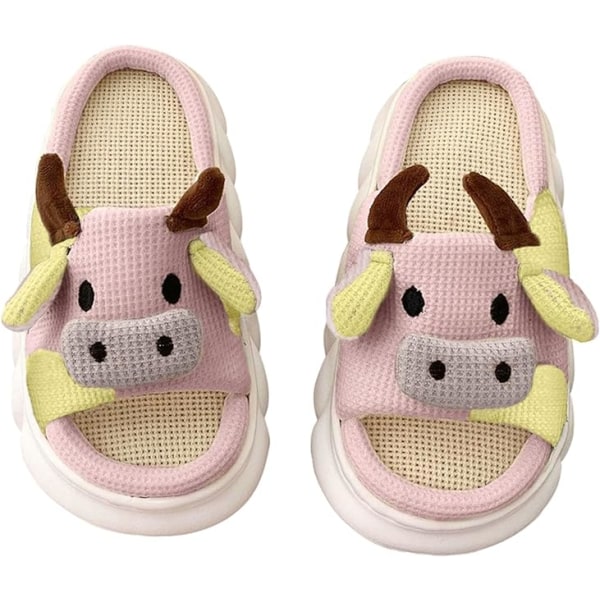 Slippers Bløde bomuldstøfler til kvinder Tegneserie Tyk sål Frøprint Sliders Vinter Dyretøfler Hjemmesko i linned, standardstørrelse Pink cow