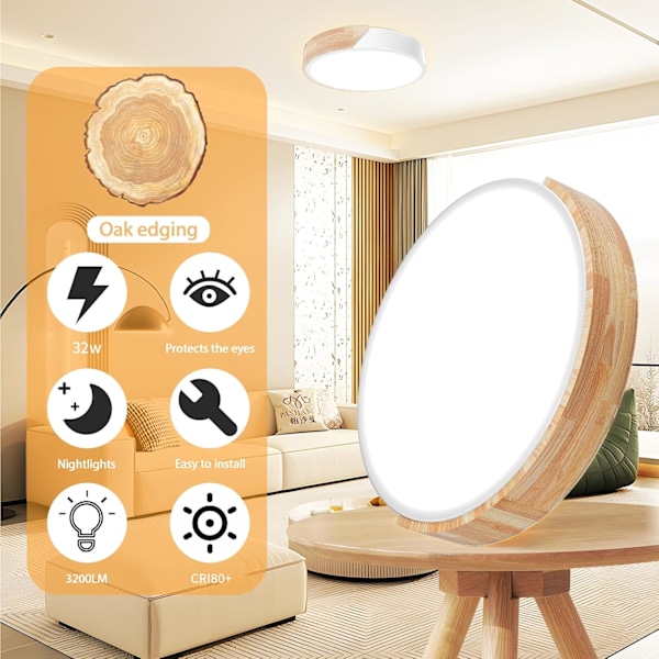 Taklampe i tre, dimbar taklampe 3000K-6000K, fjernkontroll LED taklampe, 18W moderne lampe, 30CM, hvit