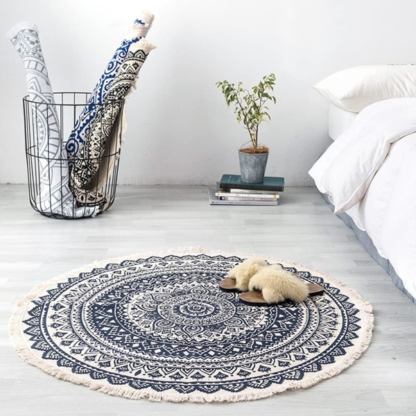Vintage Boho bomullsmattor Mandala mönster Tvättbar handvävd bohemisk rund matta med tofsar för sovrum hall Vardagsrum Soffbord Golvmattor