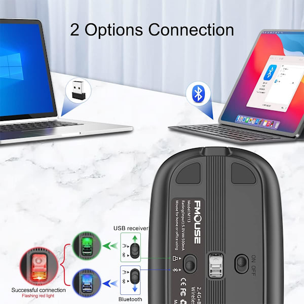 Bluetooth Mus til Laptop, Slank Lydløs Trådløs Rejsemus, USB C Genopladelig, 2400 DPI Dobbelttilstand med USB Modtager