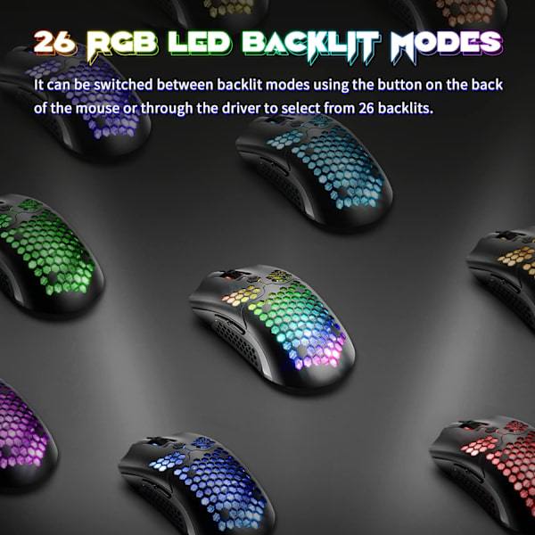 65G Trådlös Lättvikts Spelmus, 26 RGB Bakgrundsbelyst USB Spelmus med 7 Programmerbara Knappar, med Ultralätt Ergonomisk Bikakestruktur