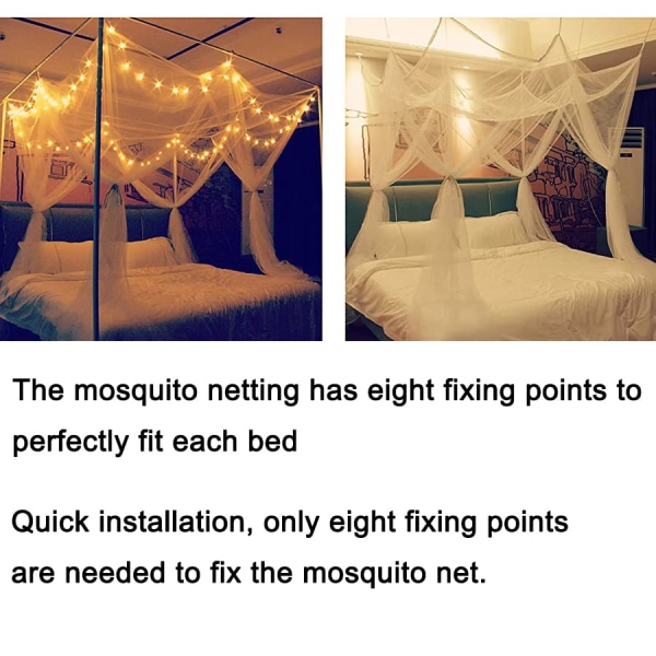 Myggenet til dobbeltseng, LED-lys-batteri, Netting Firkantet himmelseng, til dobbeltseng (hvid)