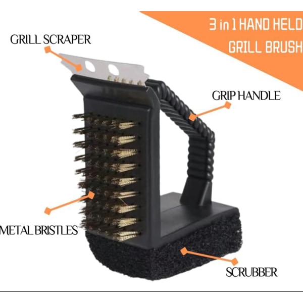 2 stk. børste, rustfritt stål skrape, messingtrådbørste og svamp 3-i-1 grillrengjøringsassistent. Grillbørste i rustfritt stål