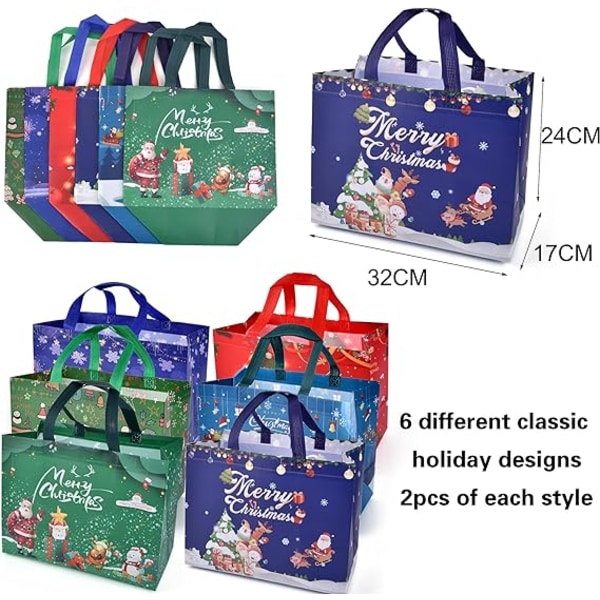 12 STK Julegaveposer Store Juleposer, Bærbare Juleposer Gavepose Gjenbrukbare Poser Til Gavehandel 32 * 24 * 17CM