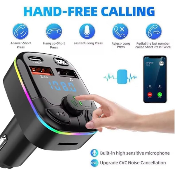 Bluetooth FM-lähetin autoon, langaton handsfree-puhelu, MP3-soitin, kaksois-USB-tuki SD-kortille, USB- ja muistitikulle (lähetin + USB-C-kaapeli)