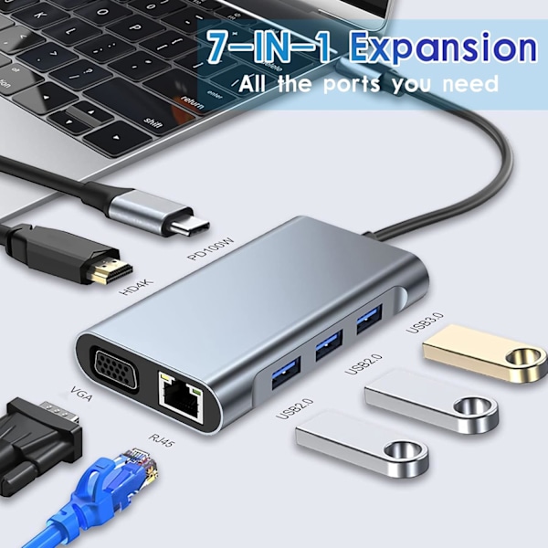 7-in-1 USB C 3.0 -moniporttisovitin 4K, HDMI, VGA, 100W PD ja RJ45 Ethernetillä, yhteensopiva MacBook Pro & Air USB C Type C -laitteiden kanssa