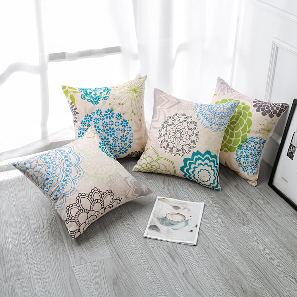 Putetrekk, Sett med 4 Lin Sofa Putetrekk for Stue Soverom Hjemmeinnredning, 45x45cm (Dahlia Blå og Grønn)