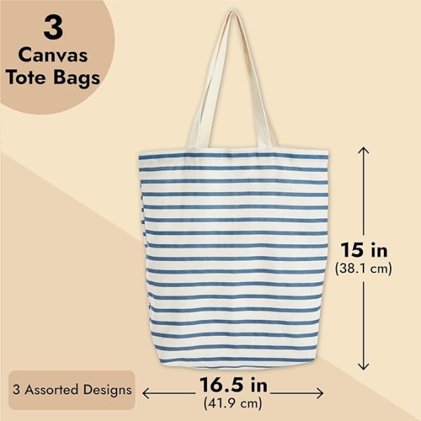 Bomulls handleposer (sett med 3) - robuste bæreposer med håndtak - 3 forskjellige design - stoffposer til shopping, transport