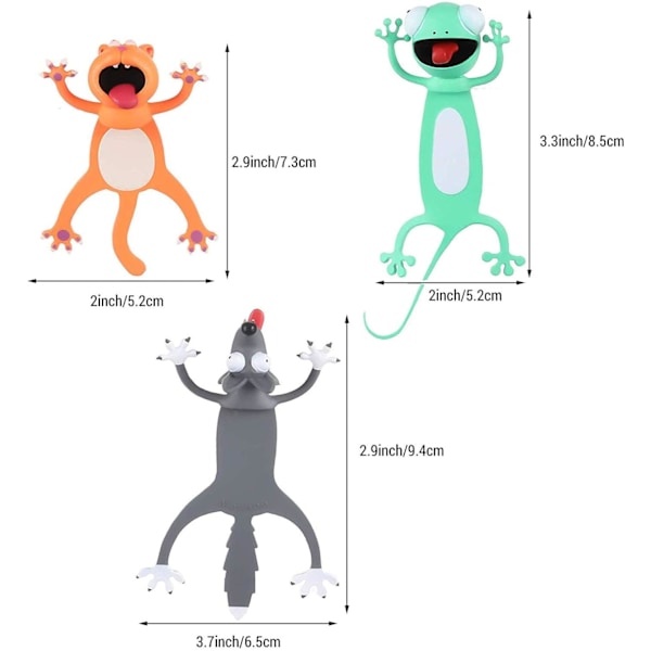 3 kpl Wacky Pals -kirjanmerkkejä, 3D-eläinkirjanmerkkejä, hauskoja kirjanmerkkejä pojille ja tytöille, opiskelijoille, lahjoja (kissa, susi ja gekko) 3pcs