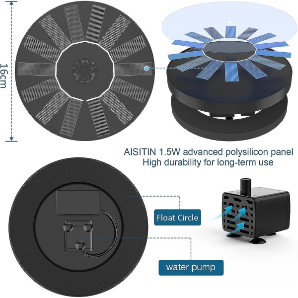 1,4w solcelledrevet pumpe, solcelledrevet fontene med 6 dyser