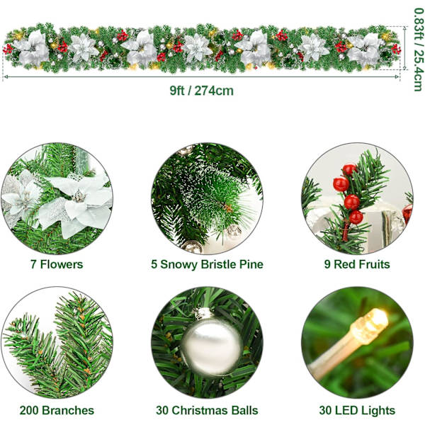 Julekranse, Juleguirlande med Lys, 2,7 m Krans Ornamenter Lys, Julepynt, Julekranse til Hoveddør Blue