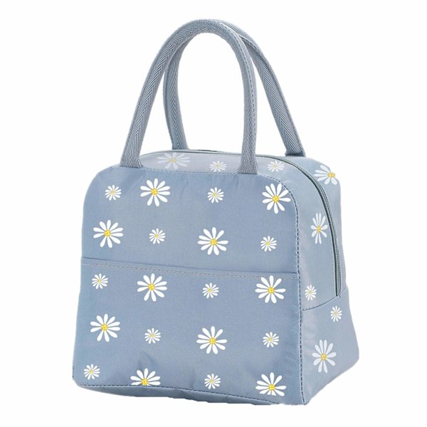 Bärbar Termisk Lunchväska Kylväska Daisy Mönster Lunchlåda Organizer Tote Väska för Arbete Skola Picknick Camping Resor (Grå Blå)