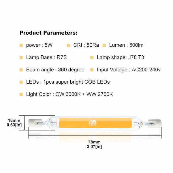 5W Filament LED-lamppu, halogeenilamppua vastaava, täydellinen kotiin, keittiöön, huoneeseen, parvekkeelle, toimistoon jne. (2 kpl, luonnonvalo 4000K)