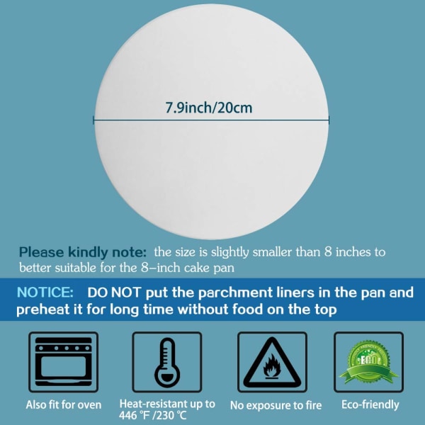 9 tommers Non Stick Baking Parchment Paper Rounds, Set of 200