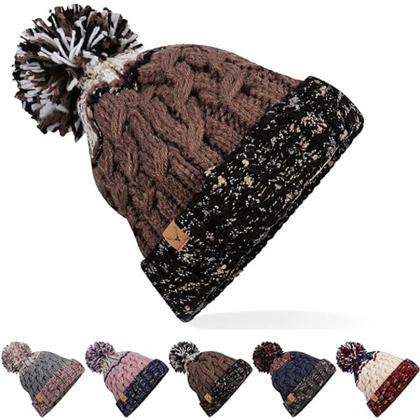 Vinter Bobble Hat Beanie Hat Kabelstrikket Hat med Termisk Hat Kvinder Farverige Bobble Pom Pom Hatte til Damer Udendørs Sport Ski UK