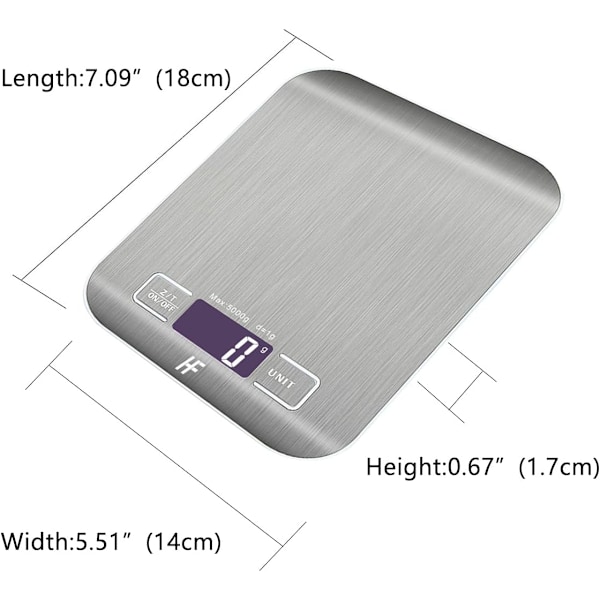 Maksimal kapacitet 5 kg, interval 1 g, måler i ounces, pund og gram, milliliter, flydende ounces