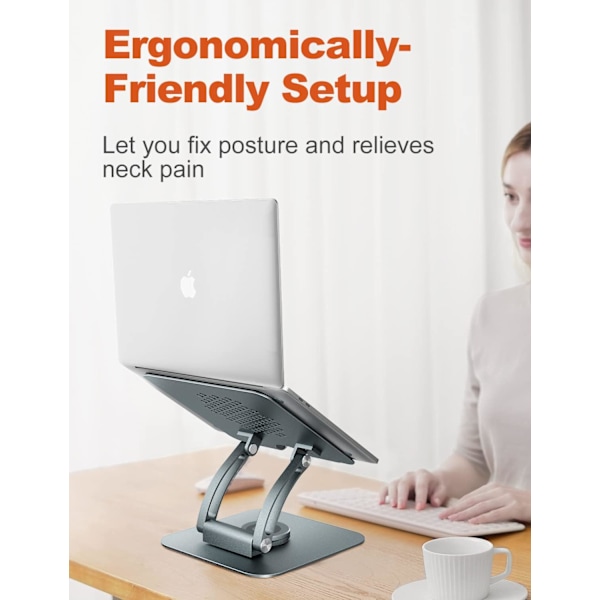 Justerbart Laptopstativ til Skrivebord, Ergonomisk Laptop Holder med 360° Roterende Base - Grå