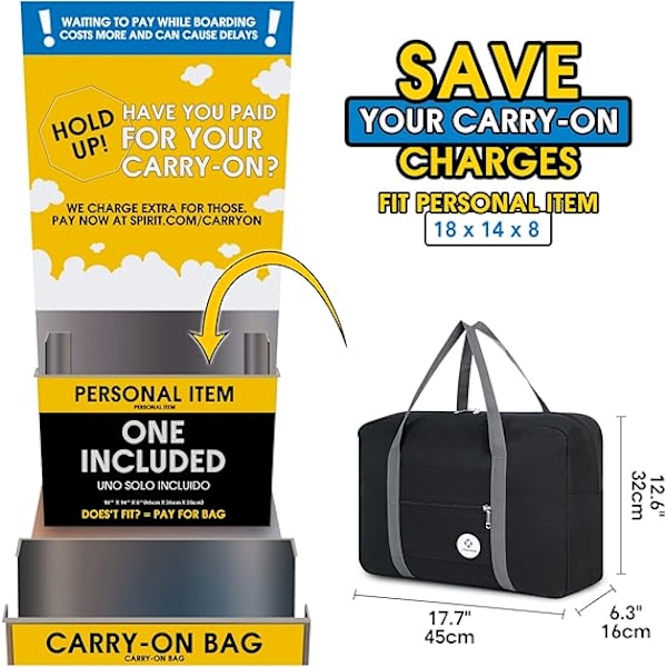 Til Spirit Airlines Personlige Ejendele Taske 18x14x9 Foldbar Rejsetaske Overnatning Håndbagage Taske til Kvinder og Mænd Black