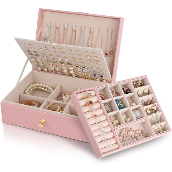 Jewellery Box Organiser for Necklace Earrings Bracelets Rings, Large PU Leather Jewelry Storage Case with 3 Stackable Layer