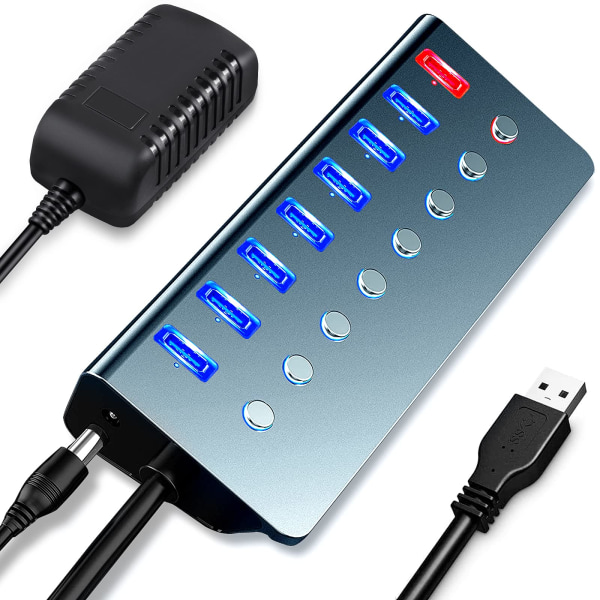 Strömdriven USB-hubb, 7-portars USB-hubb med strömförsörjning 3.0| Multi USB-portutvidgare med på/av-brytare och 5V/3A strömadapter för bärbar dator, MacBook, Mac Pro