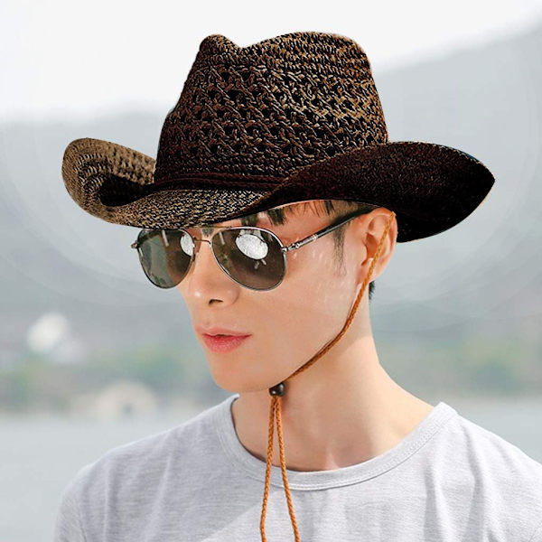 Herrar Västerländsk Cowboyhatt Bredbrättad Halm Bucket Hat Sommar UV-Skydd Solhatt Vikbar Rulla Upp Panama Fedora Hatt Packbar Halm Strand Reshatt, Brun