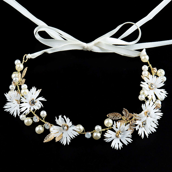 Blomsterhodeband brudeblomsterkrans med kunstige blader, blomster og perle-strass blomsterhårbånd brude bryllup hårtilbehør for kvinner