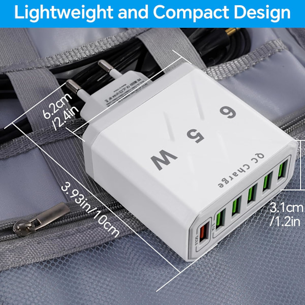 USB-lader, 65W 6-Port USB Hurtiglader med QC 3.0-lader, Universell USB Vegglader for 15 Pro Max 14 Plus 13 12 11 SE XR, iPad, Samsung