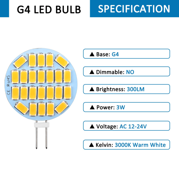 G4 LED 3W, AC12-24V, 300LM Varm hvid 3000K, 24x5730 SMD 6 Pack\