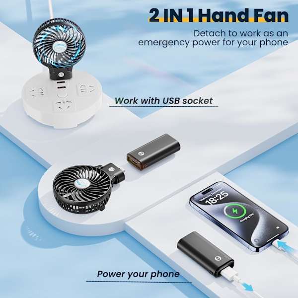 5200mAh Håndholdt Ventilator, 3 Hastigheder, Bærbar, 180° Foldbar, med Powerbank Funktion og Genopladelig Personlig Bordventilator, 3 i 1, Kraftig Luftstrøm
