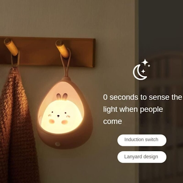 Sød Natlampe til Børn, LED Sengelampe med Bevægelsessensor, Bærbar Krog, USB Genopladelig Dyrelampe til Babyværelse, Fødselsdagsgave