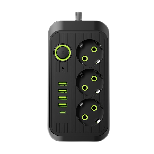 2m forlængerledning med 3 AC-udtag og 4 USB-porte, 1 Type C, strømfilter og hurtig opladning, EU-stik strømskinneadapter