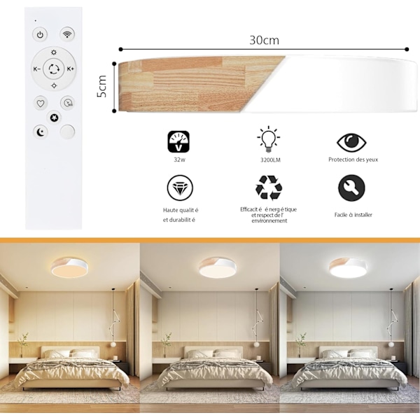 Taklampe i tre, dimbar taklampe 3000K-6000K, fjernkontroll LED taklampe, 18W moderne lampe, 30CM, hvit