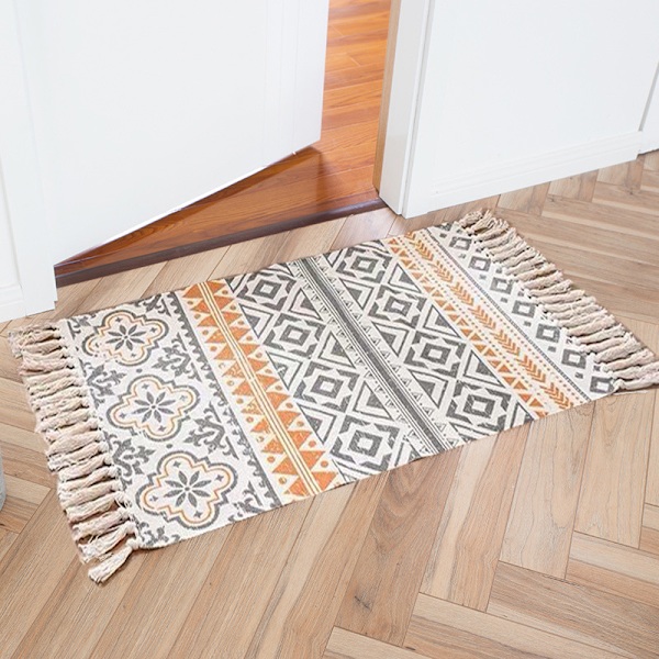 Boho badrumsmatta, 2' X 3' Modern geometrisk Boho-matta, Bomulls vävda tofsar mattor, Maskintvättbar bohemisk matta badmatta
