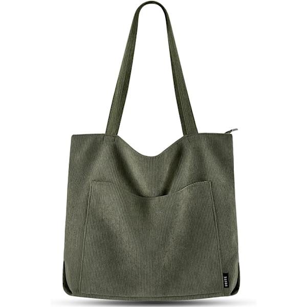 Corduroy Tote Bag til Kvinder Stor Skuldertaske med Lynlås og Lommer til College Skole Arbejde Rejser Shopping