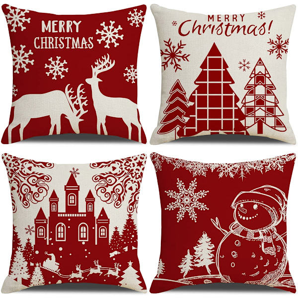 Juleputetrekk 45x45cm, Sett med 4 Juledekorative Sofa i Bomull og Lin