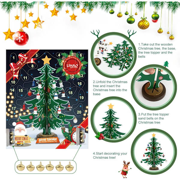 Adventskalender 2023 24 Dagar Julnedräkningskalender Träträd med Miniatyrprydnader Bordsskiva DIY Miniträd för Julskrivbordsdekoration