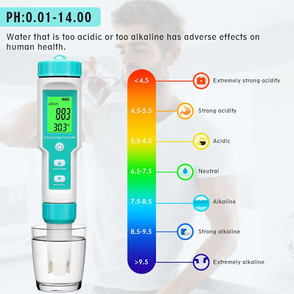 Digitaalinen PH-mittari, 7 in 1 PH/TDS/EC/ORP/S.G/Suolapitoisuus/Lämpömittari