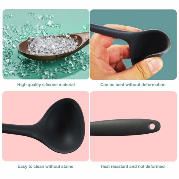 Suppeske, Non-Stick Silikoneske Varmeresistent Køkkenske Ergonomisk Serveringsske Suppeske Ske med behageligt greb Sort
