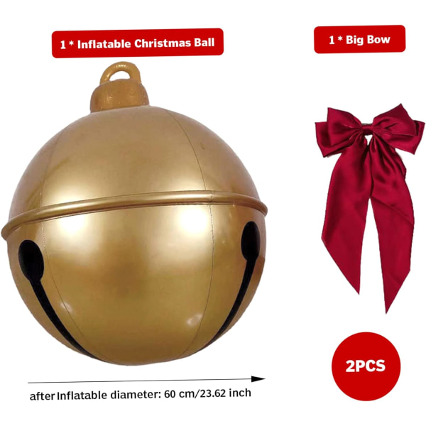 Suuri puhallettava joulupallo, 23,6 tuuman jättiläinen PVC-joulupallo isolla punaisella rusetilla, puhallettava joulukoristelu
