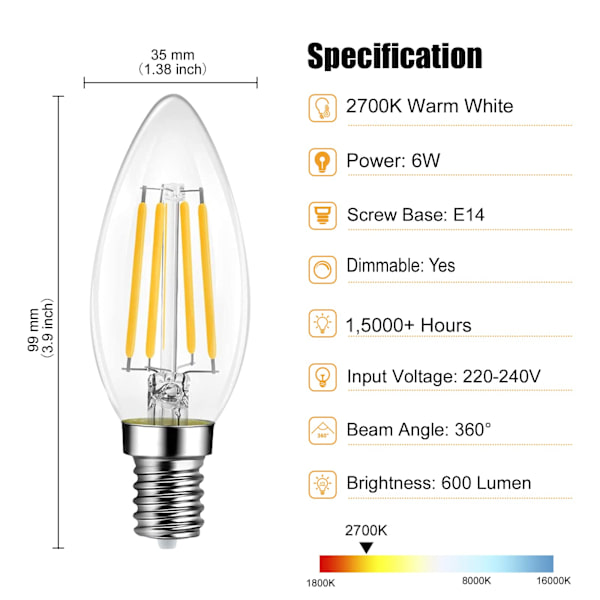 6 E14 LED-kynttilälamppu, 6W himmennettävä 600LM 2700K lämmin valkoinen