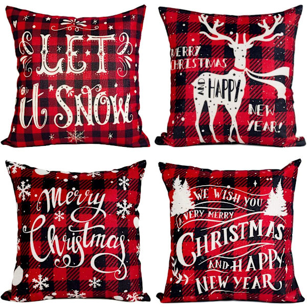 Jul Kuddfodral Set om 4, Linne Juldesign Kuddfodral Jul Kvadratisk Kuddfodral för Hem Juldekoration