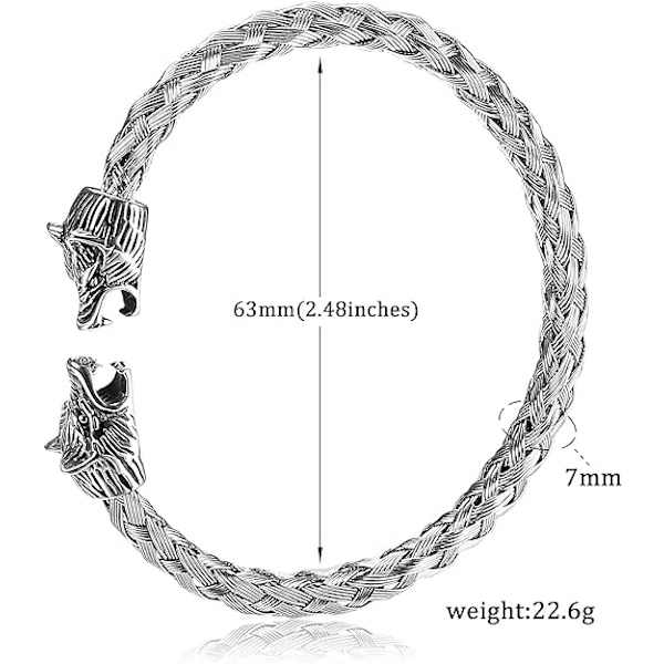 7MM Ulvehoved Armbånd til Mænd, Viking Ulvehoved Armbånd Rustfrit Stål Flettet Armbånd Sølvpoleret Justerbar