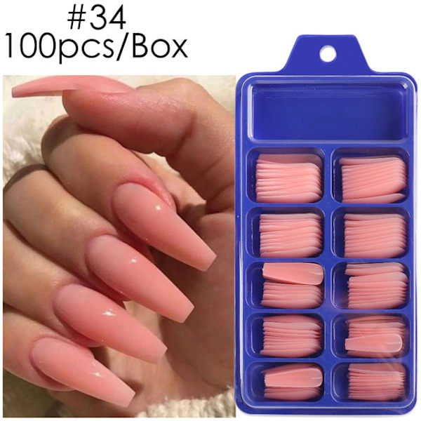 10 storlekar kistformade ballerinafalska nagelspetsar - 100 st/låda fullständiga naglar för DIY akryl nagelkonst #34 #34