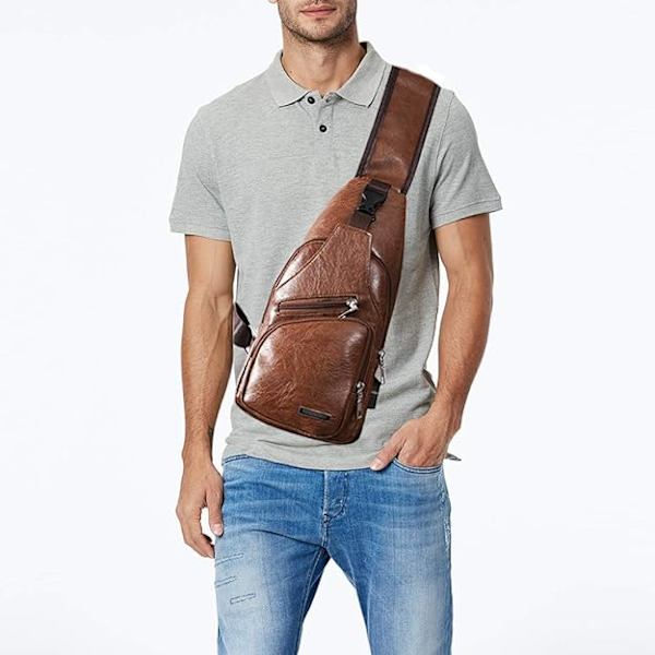 Mænds Skuldertaske Lille Læder Ubalance Bryst Skulder Crossbody Taske med USB Opladningsport