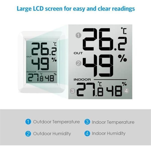 Ansluten inomhus- och utomhustermometer, trådlös sensor, digital hygrometer med stor LCD-display
