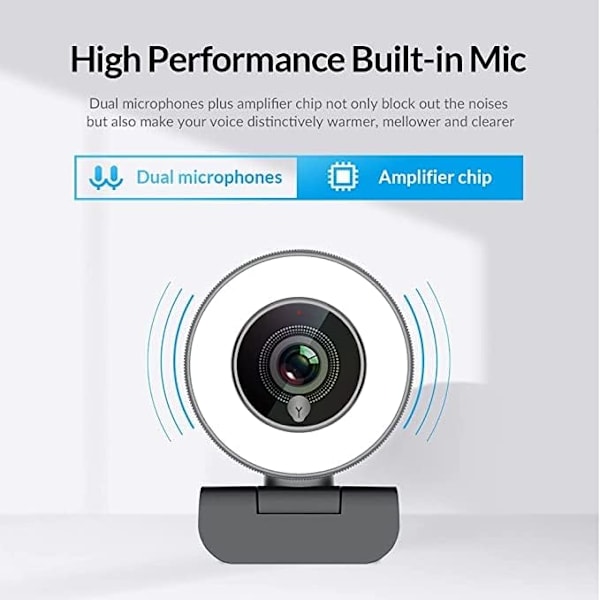 Webkamera 1080P HD med inbyggd justerbar ringlampa, mikrofon och avancerad autofokus (AF) för streaming på Xbox One, Facebook och YouTube