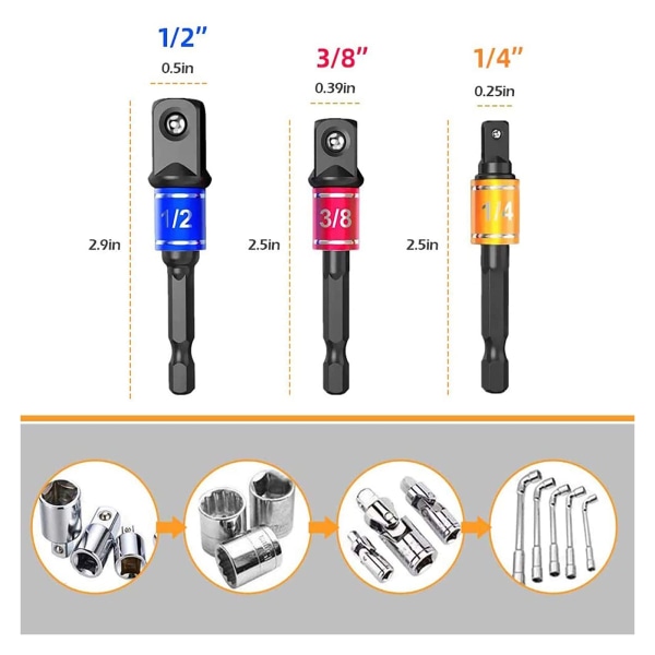 Impact Driver Socket Adapter Set (3 st/set: 1/4\", 3/8\", 1/2\")