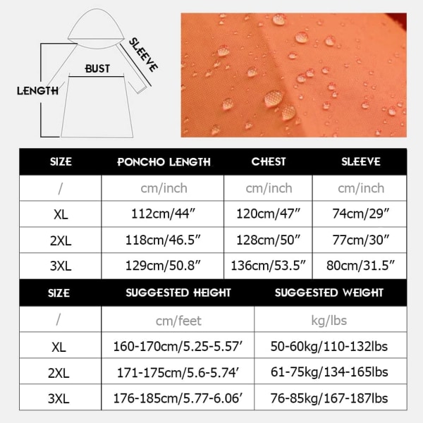 Aikuisen Sadetakki Pitkä Vedenpitävä Sadetakki Uusiokäyttöinen Heijastavalla Nauhalla Kevyt Hengittävä Aikuinen, XL
