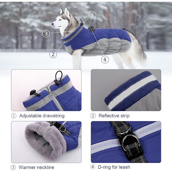 Vattentät Hundjacka för Små, Mellan och Stora Hundar, Reflekterande Kläder för Kallt Väder, Vindtät Fleecefodrad Väst med Sele, M Blue M