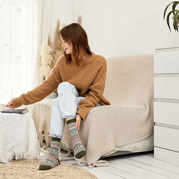 5 Par Damsockor i Ull, Varm Stickade Damsockor för Vinter, Tjocka Damsockor, Julklappar till Kvinnor